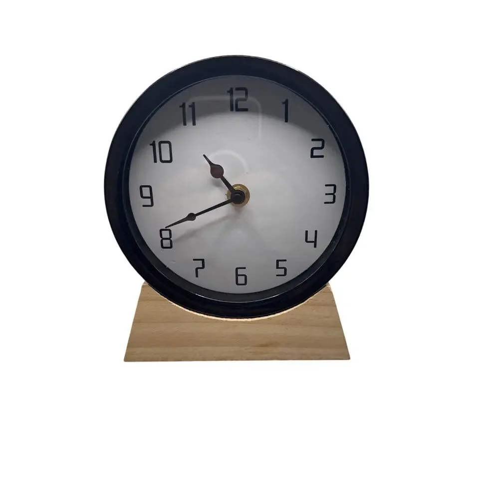 IKEA Minimalist Round White Table Clocks with Light Wood Stand Bundle